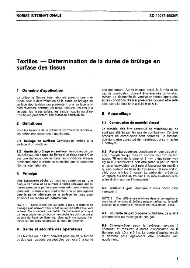 ISO 10047:1993 - Textiles -- Détermination de la durée de brulage en surface des tissus