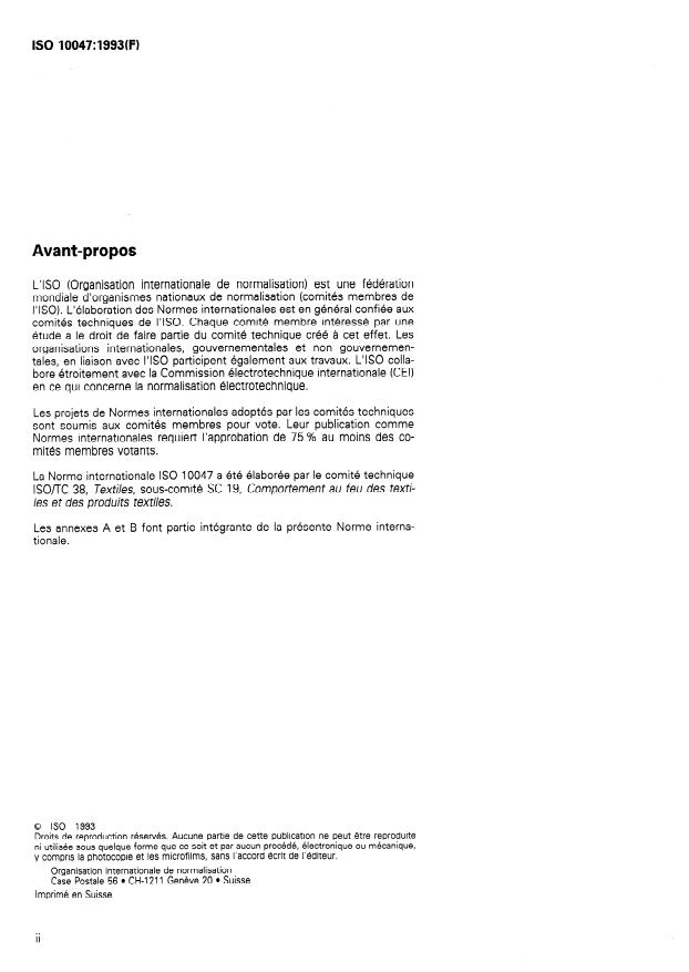 ISO 10047:1993 ISO 10047:1993 - Textiles -- Détermination de la durée de brulage en surface des tissus - Page 2 preview