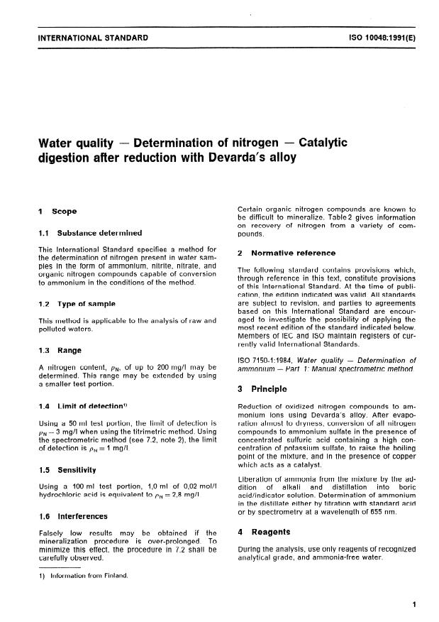 ISO 10048:1991 - Water quality -- Determination of nitrogen -- Catalytic digestion after reduction with Devarda's alloy