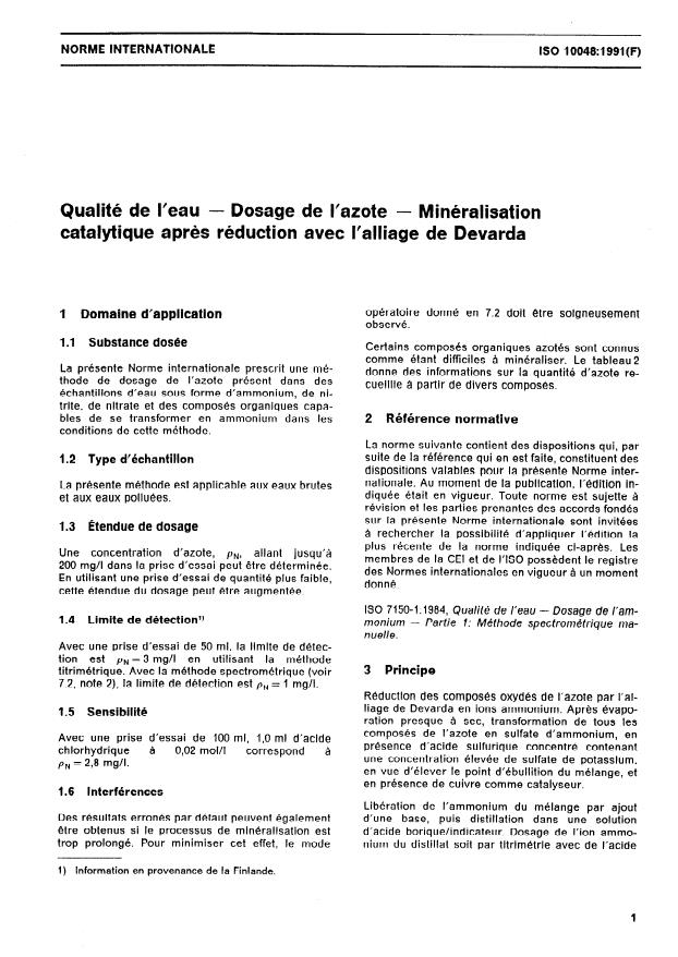 ISO 10048:1991 - Qualité de l'eau -- Dosage de l'azote -- Minéralisation catalytique apres réduction avec l'alliage de Devarda
