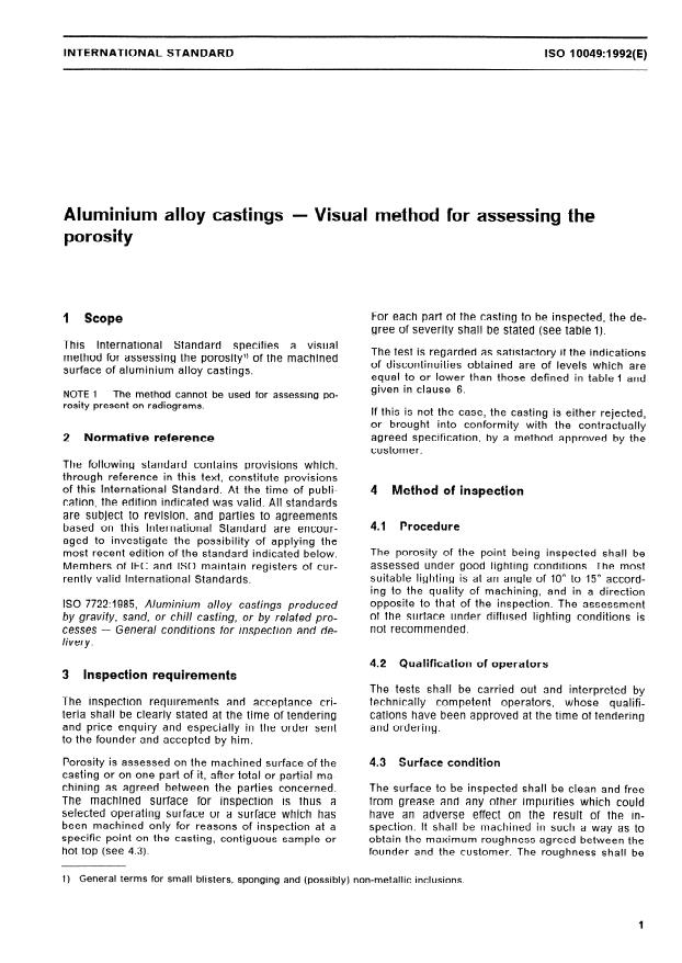 ISO 10049:1992 - Aluminium alloy castings -- Visual method for assessing the porosity