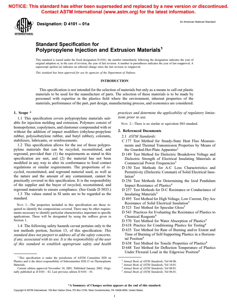 ASTM D4101-01a - Standard Specification for Polypropylene Injection and Extrusion Materials