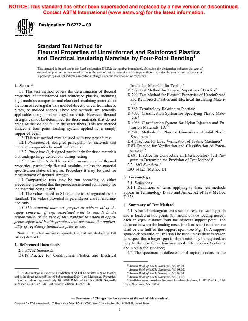 ASTM D6272-00 - Standard Test Method for Flexural Properties of Unreinforced and Reinforced Plastics and Electrical Insulating Materials by Four-Point Bending