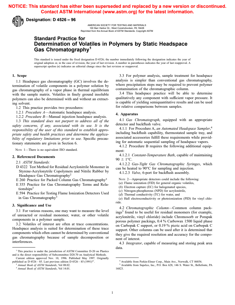 ASTM D4526-96 - Standard Practice for Determination of Volatiles in Polymers by Static Headspace Gas Chromatography