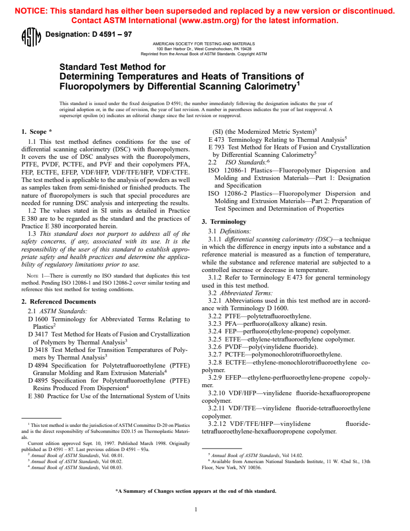 ASTM D4591-97 - Standard Test Method for Determining Temperatures and Heats of Transitions of Fluoropolymers by Differential Scanning Calorimetry