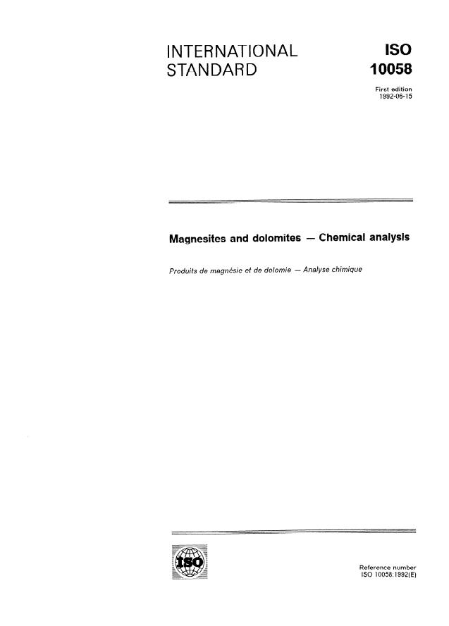 ISO 10058:1992 - Magnesites and dolomites -- Chemical analysis