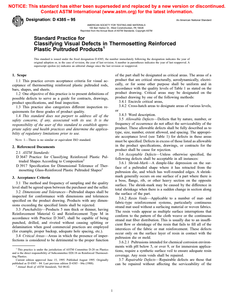 ASTM D4385-95 - Standard Practice for Classifying Visual Defects in Thermosetting Reinforced Plastic Pultruded Products