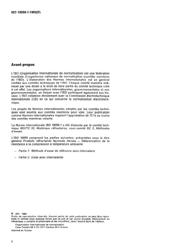 ISO 10059-1:1992 ISO 10059-1:1992 - Produits réfractaires façonnés denses -- Détermination de la résistance a la compression a température ambiante - Page 2 preview