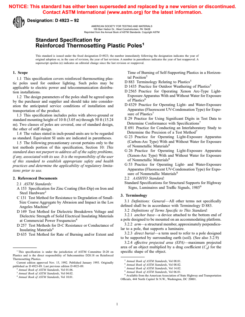 ASTM D4923-92 - Standard Specification for Reinforced Thermosetting Plastic Poles