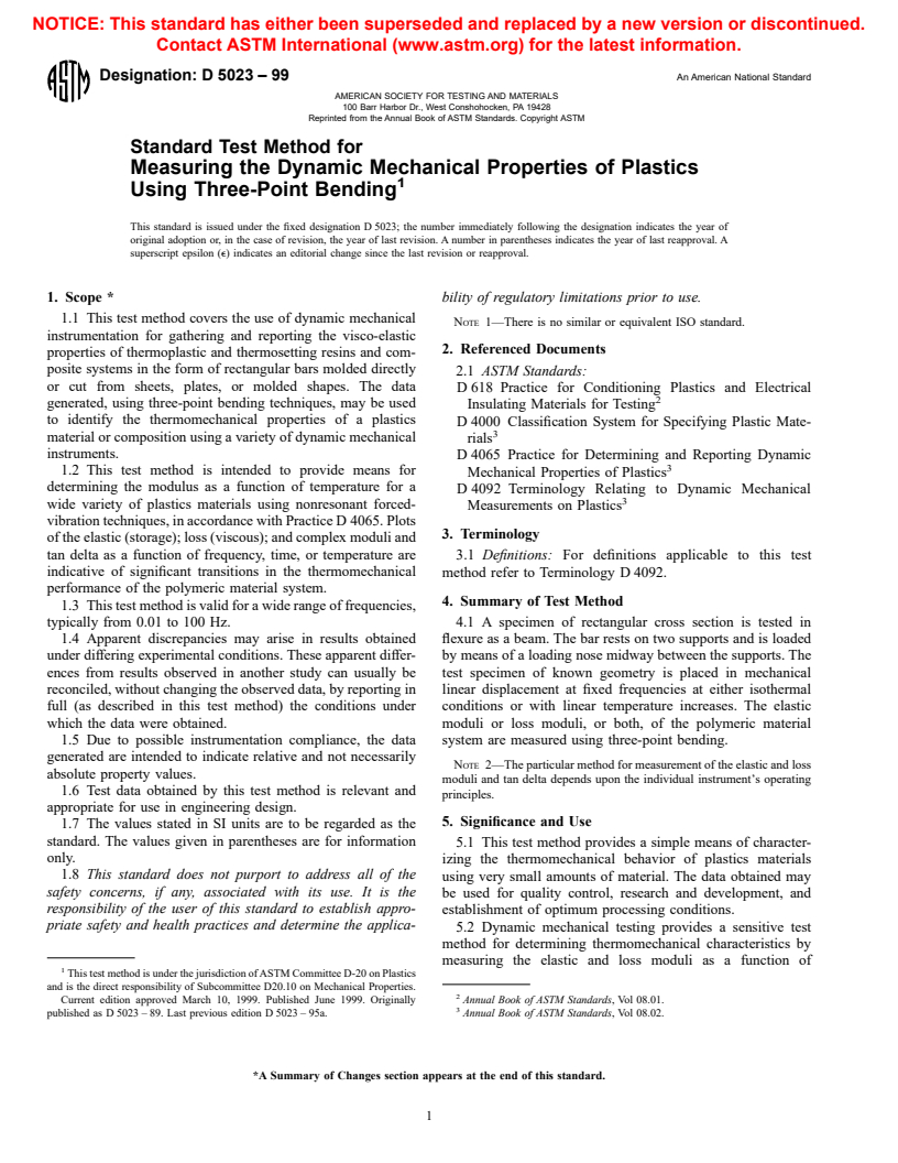 ASTM D5023-99 - Standard Test Method for Measuring the Dynamic Mechanical Properties:  In Flexure (Three-Point Bending)