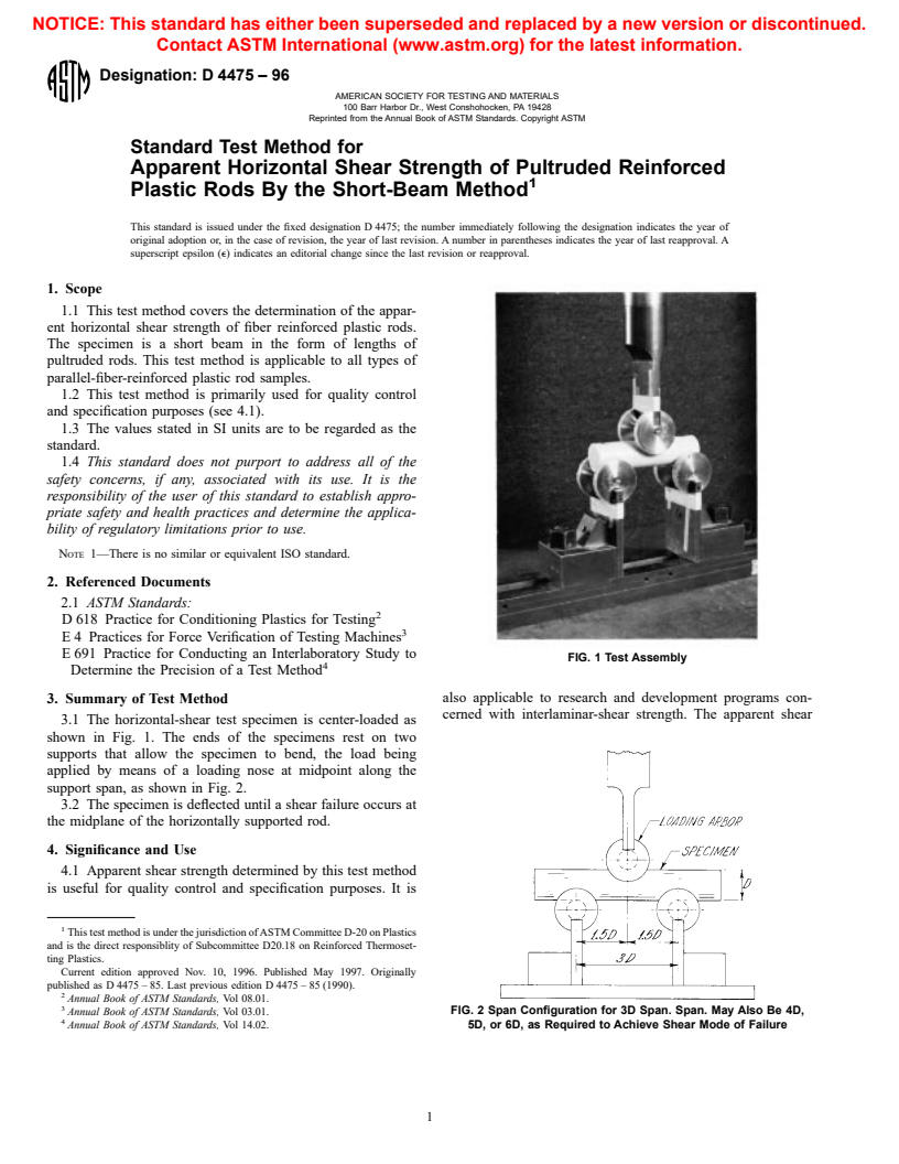 ASTM D4475-96 - Standard Test Method for Apparent Horizontal Shear Strength of Pultruded Reinforced Plastic Rods By The Short-Beam Method