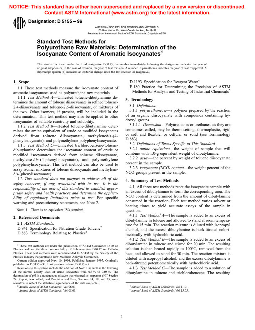 ASTM D5155-96 - Standard Test Methods for Polyurethane Raw Materials  Determination of the Isocyanate Content of Aromatic Isocyanates