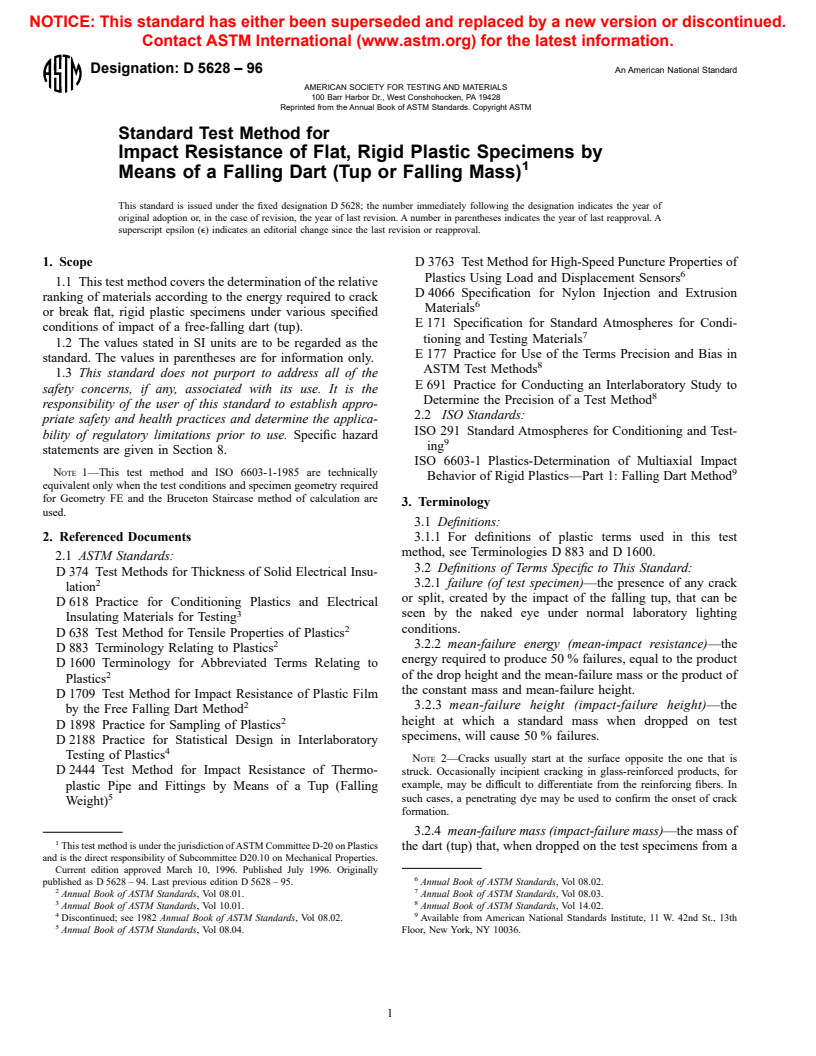 ASTM D5628-96 - Standard Test Method for Impact Resistance of Flat, Rigid Plastic Specimens by Means of a Falling Dart (Tup or Falling Mass)