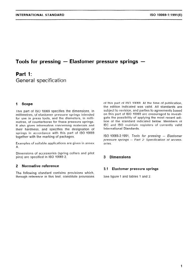 ISO 10069-1:1991 - Tools for pressing -- Elastomer pressure springs