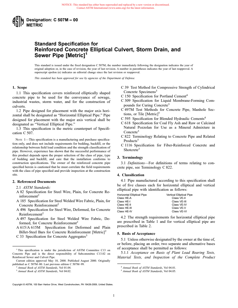 ASTM C507M-00 - Standard Specification for Reinforced Concrete Elliptical Culvert, Storm Drain, and Sewer Pipe (Metric)