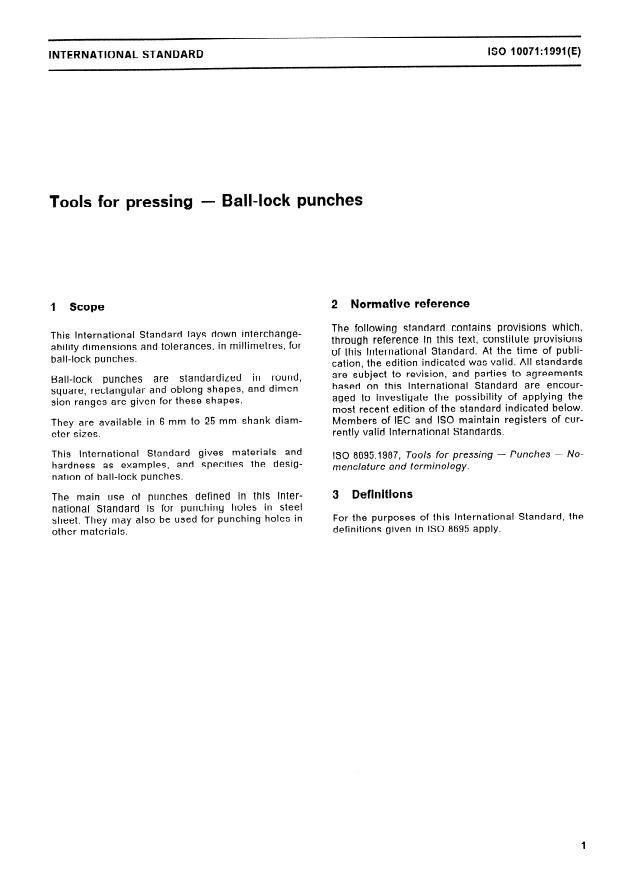 ISO 10071:1991 - Tools for pressing -- Ball-lock punches