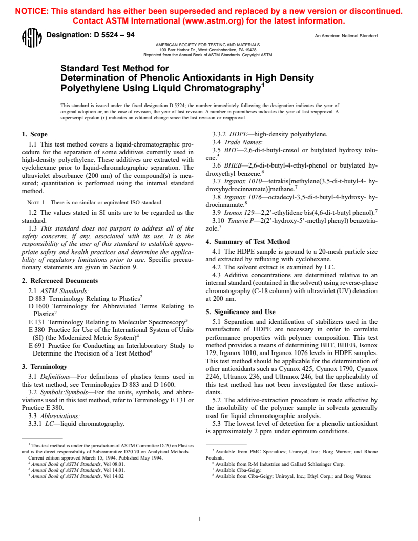 ASTM D5524-94 - Standard Test Method for Determination of Phenolic Antioxidants in High Density Polyethylene Using Liquid Chromatography