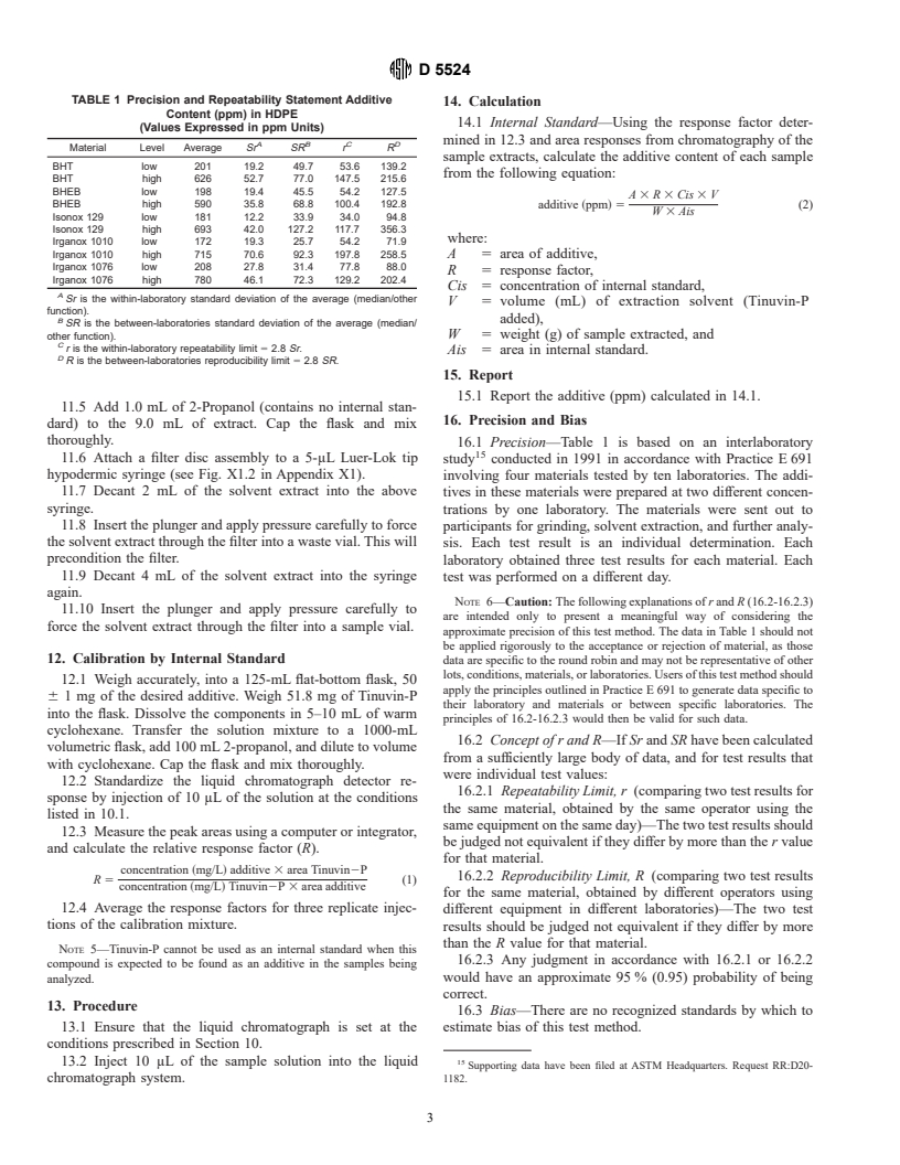 ASTM D5524-94 - Standard Test Method for Determination of Phenolic Antioxidants in High Density Polyethylene Using Liquid Chromatography