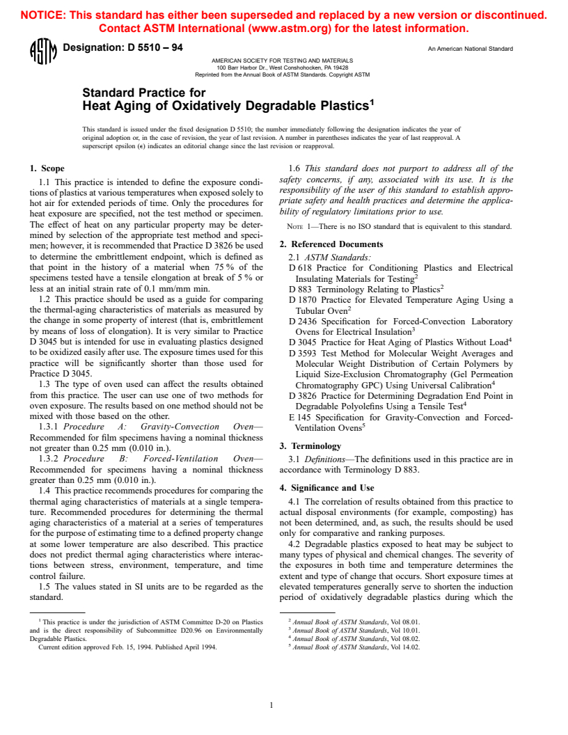 ASTM D5510-94 - Standard Practice for Heat Aging of Oxidatively Degradable Plastics