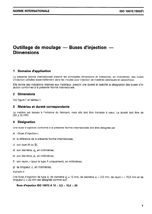 ISO 10072:1993 - Outillage de moulage -- Buses d'injection -- Dimensions