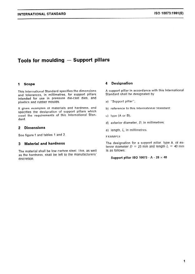ISO 10073:1991 - Tools for moulding -- Support pillars