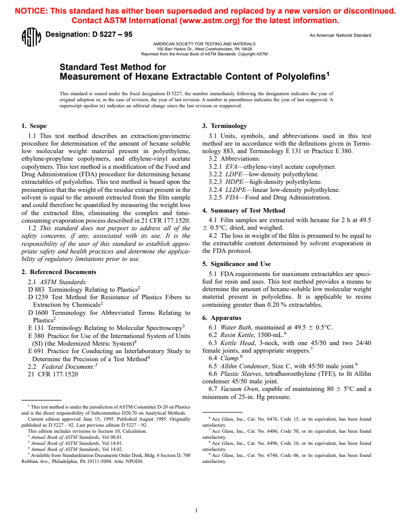 ASTM D5227-95 - Standard Test Method for Measurement of Hexane Extractable Content of Polyolefins