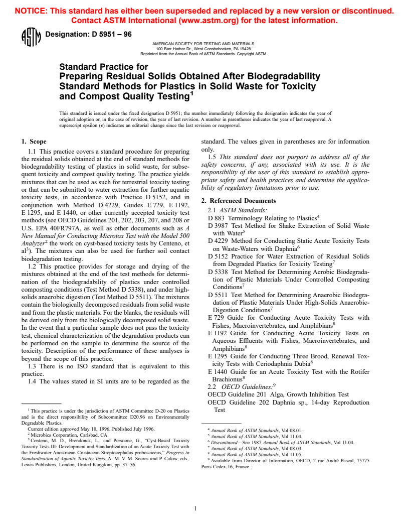 ASTM D5951-96 - Standard Practice for Preparing Residual Solids Obtained After Biodegradability Standard Methods for Plastics in Solid Waste for Toxicity and Compost Quality Testing