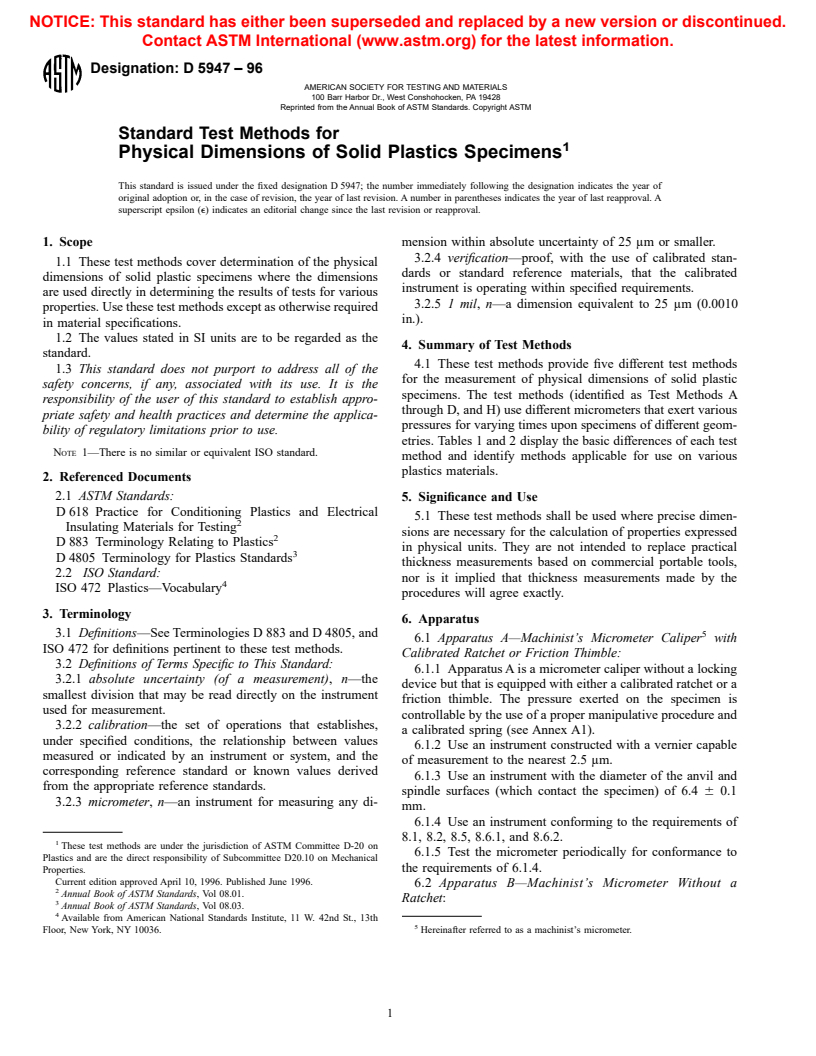 ASTM D5947-96 - Standard Test Methods for Physical Dimensions of Solid Plastics Specimens