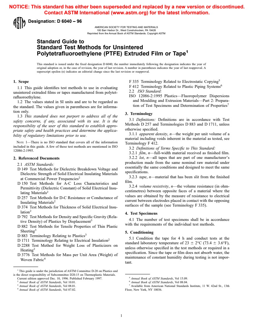 ASTM D6040-96 - Standard Guide to Standard Test Methods for Unsintered Polytetrafluoroethylene (PTFE) Extruded Film or Tape