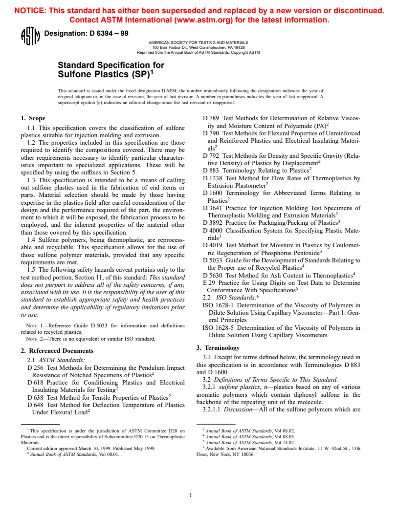 ASTM D6394-99 - Standard Specification for Sulfone Plastics (SP)