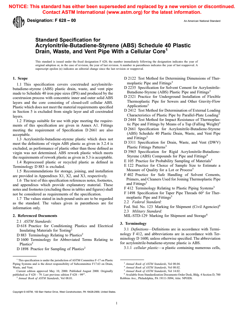 ASTM F628-00 - Standard Specification for Acrylonitrile-Butadiene-Styrene (ABS) Schedule 40 Plastic Drain, Waste, and Vent Pipe With a Cellular Core