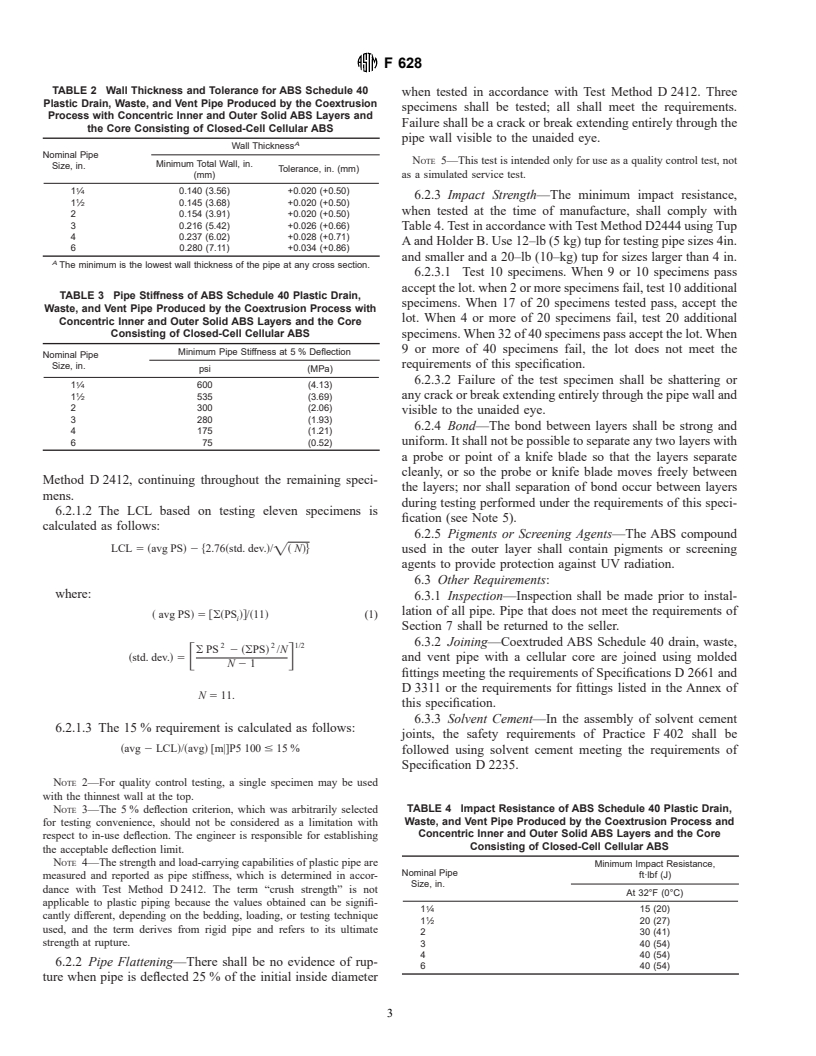 ASTM F628-00 - Standard Specification for Acrylonitrile-Butadiene-Styrene (ABS) Schedule 40 Plastic Drain, Waste, and Vent Pipe With a Cellular Core