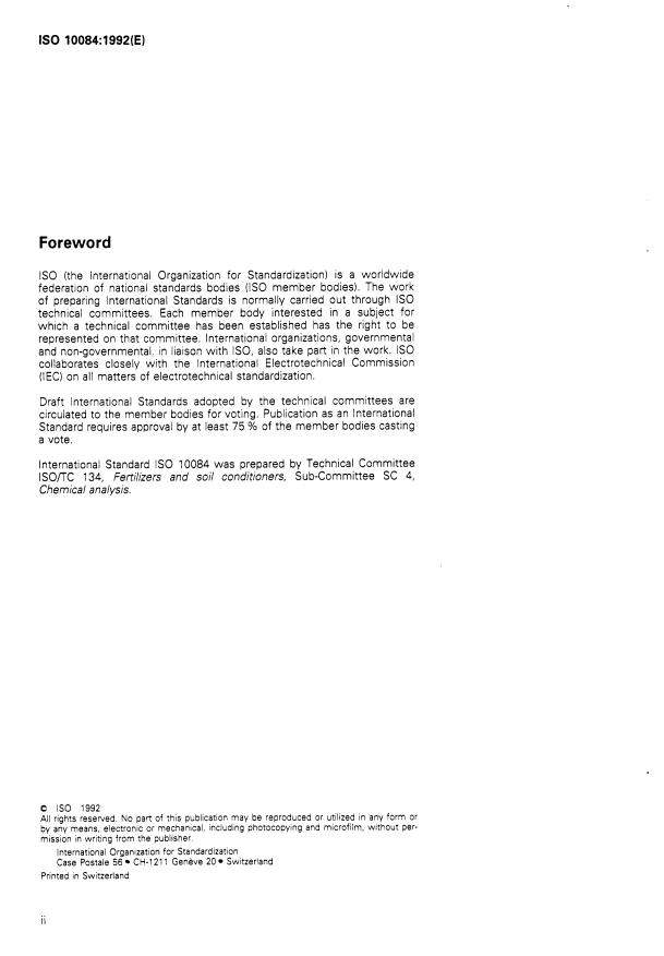 ISO 10084:1992 ISO 10084:1992 - Solid fertilizers -- Determination of mineral-acid-soluble sulfate content -- Gravimetric method - Page 2 preview