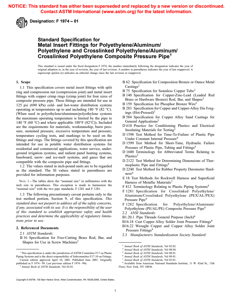 ASTM F1974-01 - Standard Specification for Metal Insert Fittings for Polyethylene/Aluminum/Polyethylene and Crosslinked Polyethylene/Aluminum/Crosslinked Polyethylene Composite Pressure Pipe