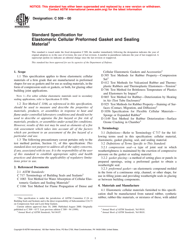 ASTM C509-00 - Standard Specification for Elastomeric Cellular Preformed Gasket and Sealing Material