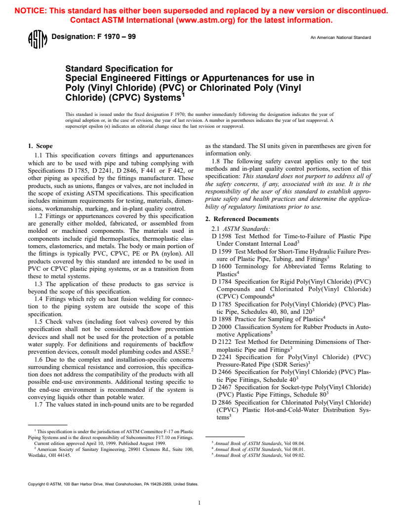 ASTM F1970-99 - Standard Specification for Special Engineered Fittings, Appurtenances or Valves for use in Poly (Vinyl Chloride) (PVC) or Chlorinated Poly (Vinyl Chloride) (CPVC) Systems