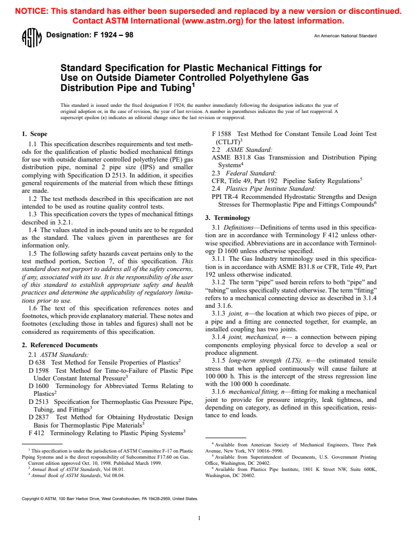 ASTM F1924-98 - Standard Specification for Plastic Mechanical Fittings for Use on Outside Diameter Controlled Polyethylene Gas Distribution Pipe and Tubing