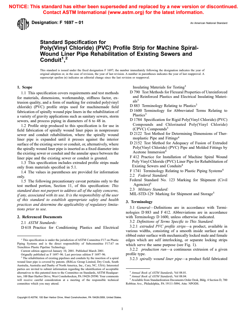 ASTM F1697-01 - Standard Specification for Poly(Vinyl Chloride) (PVC) Profile Strip for Machine Spiral-Wound Liner Pipe Rehabilitation of Existing Sewers and Conduits