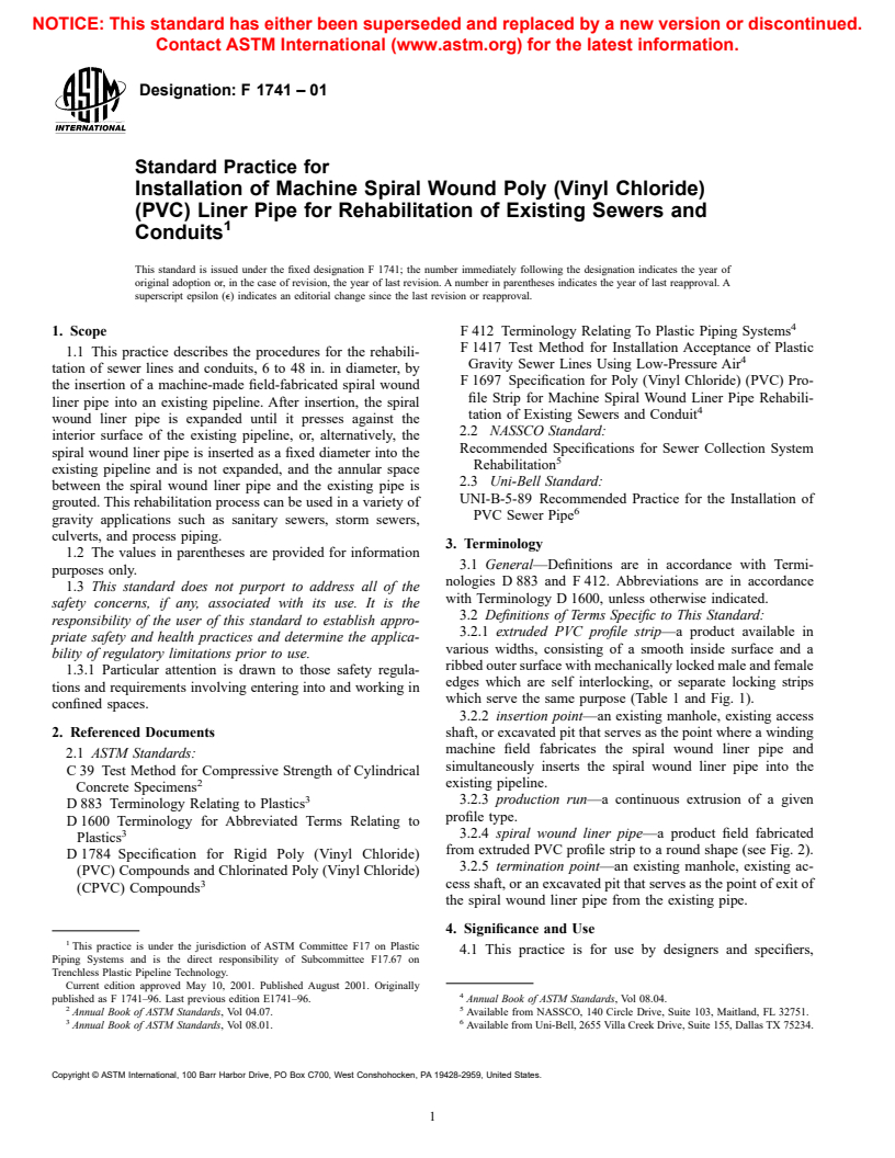 ASTM F1741-01 - Standard Practice for Installation of Machine Spiral Wound Poly (Vinyl Chloride) (PVC) Liner Pipe for Rehabilitation of Existing Sewers and Conduits