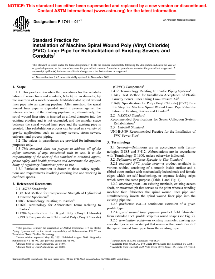 ASTM F1741-01e1 - Standard Practice for Installation of Machine Spiral Wound Poly (Vinyl Chloride) (PVC) Liner Pipe for Rehabilitation of Existing Sewers and Conduits