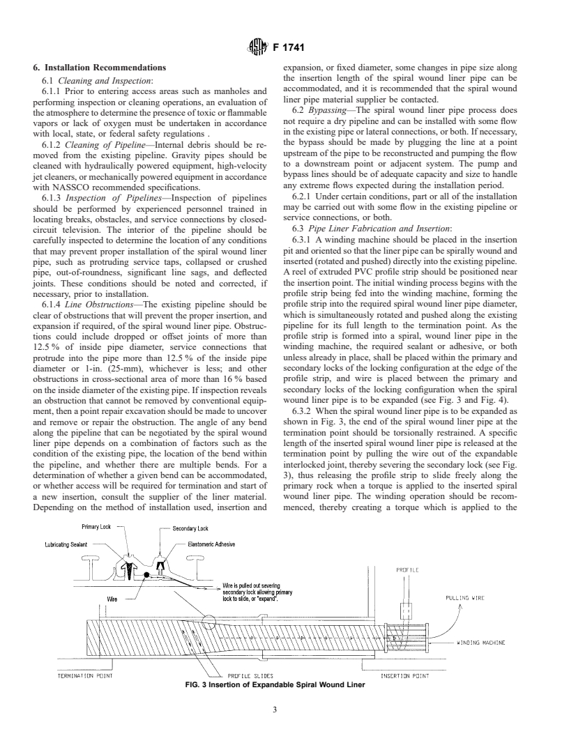 ASTM F1741-01e1 - Standard Practice for Installation of Machine Spiral Wound Poly (Vinyl Chloride) (PVC) Liner Pipe for Rehabilitation of Existing Sewers and Conduits