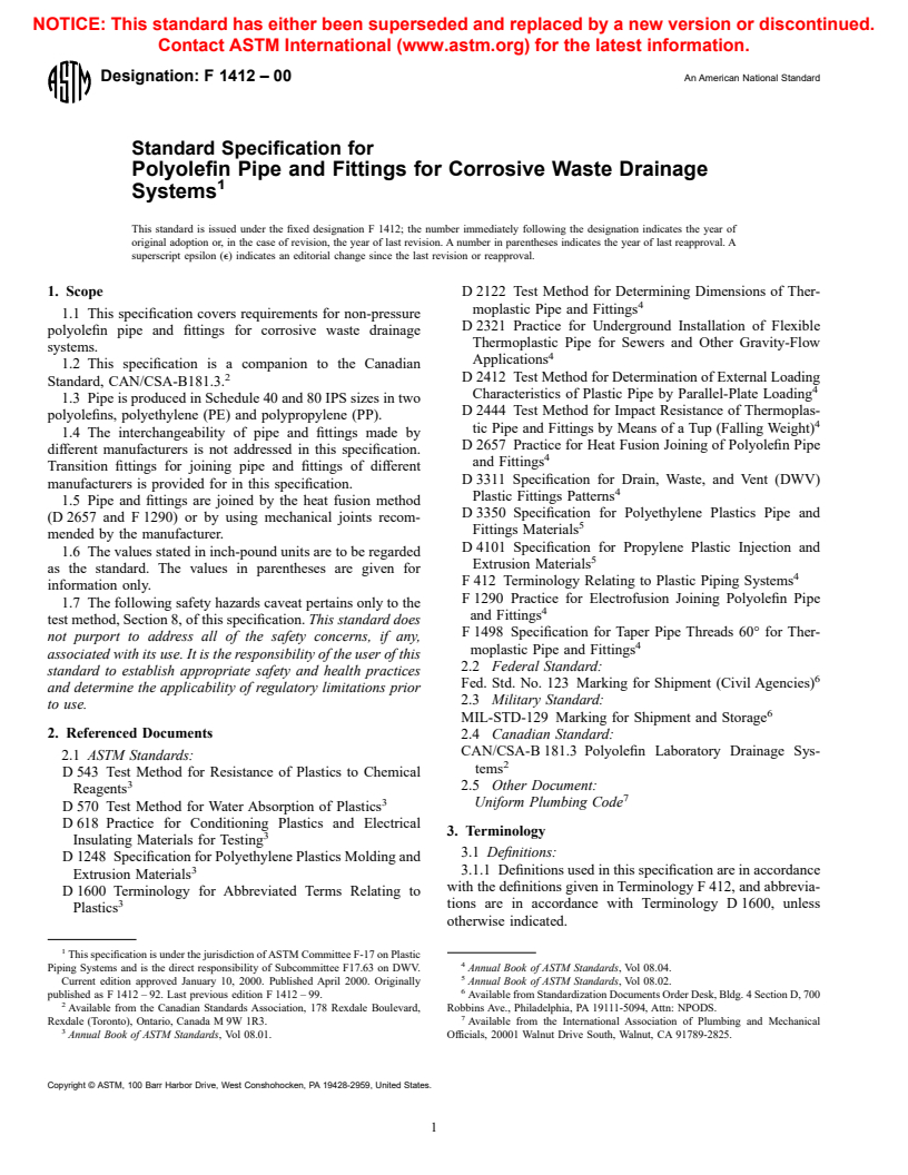 ASTM F1412-00 - Standard Specification for Polyolefin Pipe and Fittings for Corrosive Waste Drainage Systems