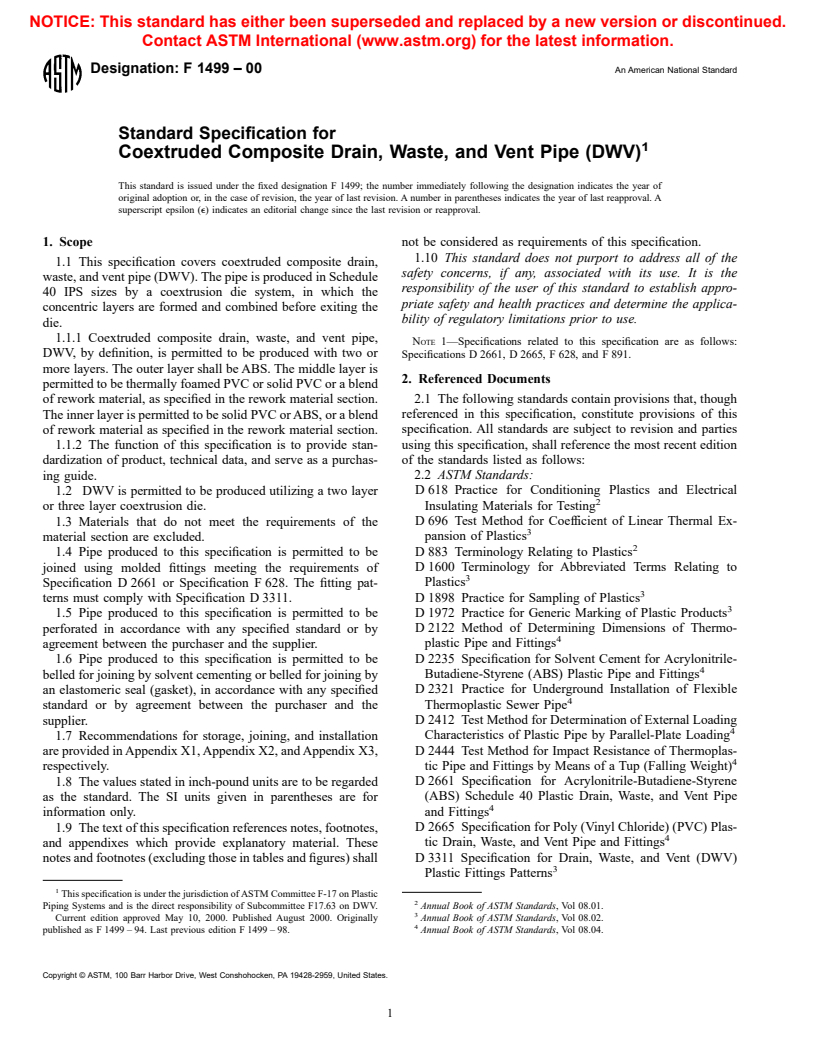 ASTM F1499-00 - Standard Specification for Coextruded Composite Drain, Waste, and Vent Pipe (DWV)