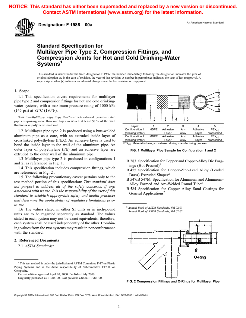 ASTM F1986-00a - Standard Specification for Multilayer Pipe Type 2, Compression Fittings, and Compression Joints for Hot and Cold Drinking-Water Systems