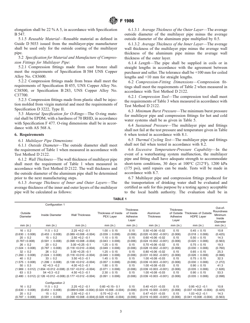 ASTM F1986-00a - Standard Specification for Multilayer Pipe Type 2, Compression Fittings, and Compression Joints for Hot and Cold Drinking-Water Systems