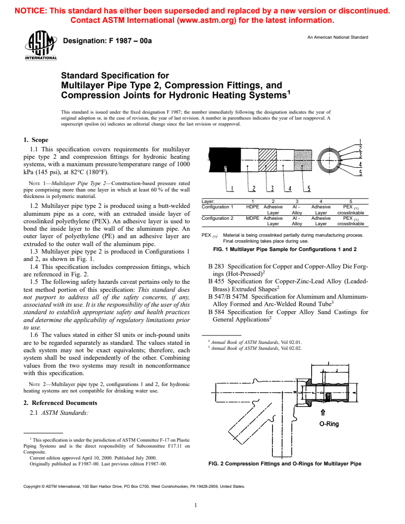 ASTM F1987-00a - Standard Specification for Multilayer Pipe Type 2 , Compression Fittings, and Compression Joints for Hydronic Heating Systems