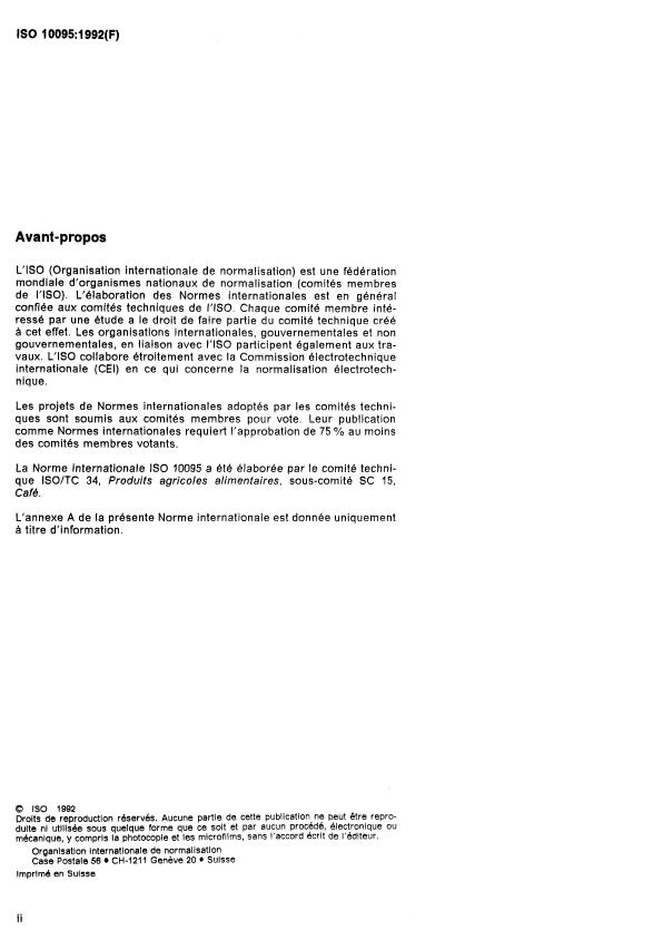 ISO 10095:1992 ISO 10095:1992 - Café -- Détermination de la teneur en caféine -- Méthode par chromatographie liquide a haute performance - Page 2 preview