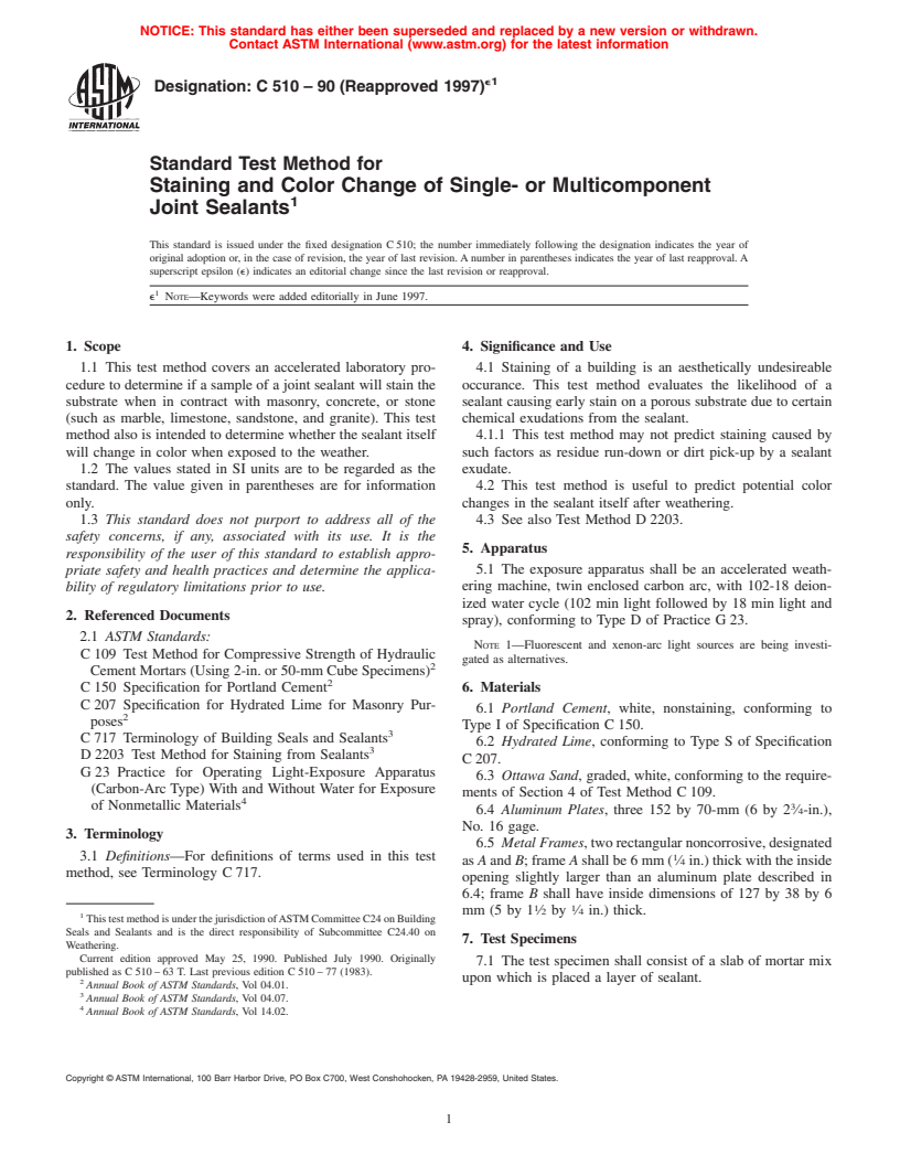 ASTM C510-90(1997)e1 - Standard Test Method for Staining and Color Change of Single- or Multicomponent Joint Sealants