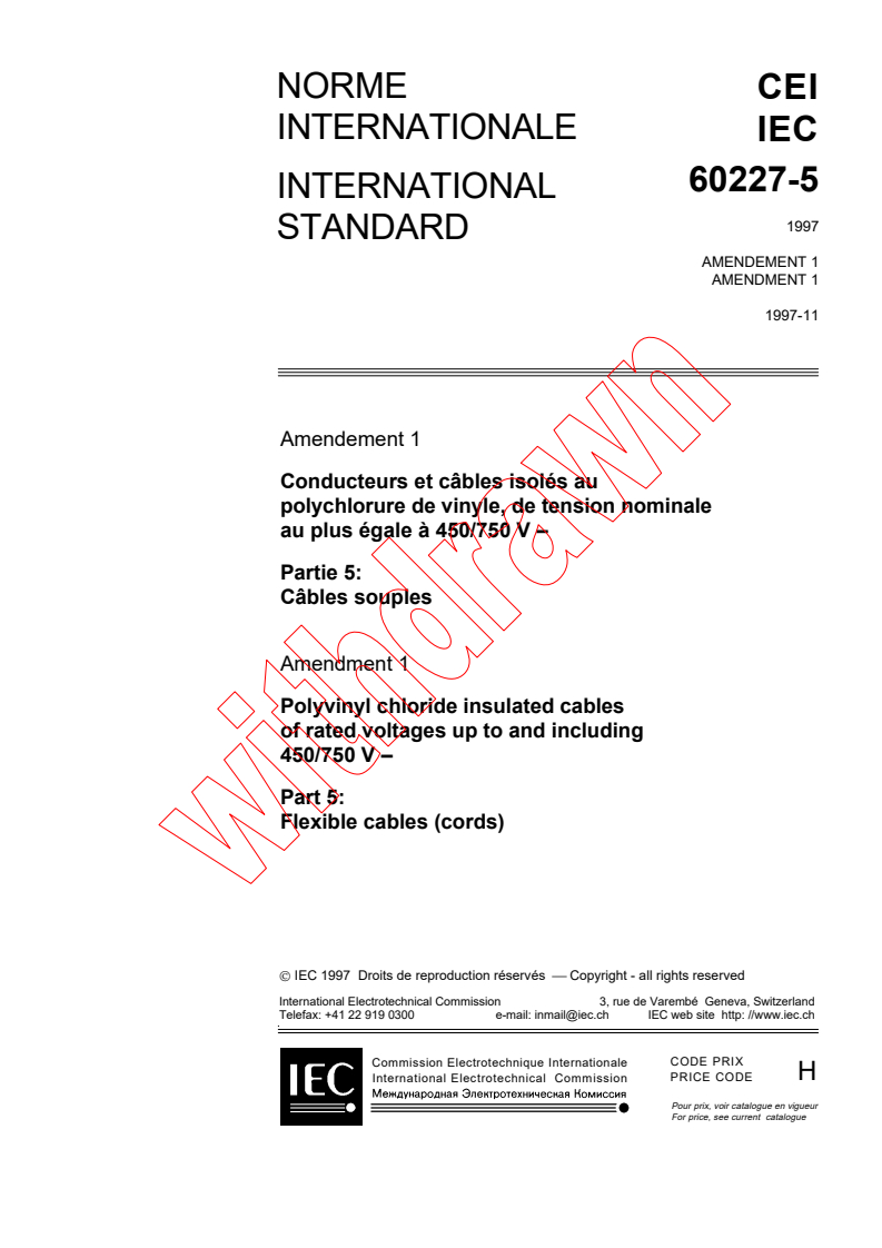 IEC 60227-5:1997/AMD1:1997 - Amendment 1 - Polyvinyl chloride insulated cables of rated voltages up to and including 450/750 V. - Part 5: Flexible cables (cords)
Released:11/26/1997
Isbn:2831841771