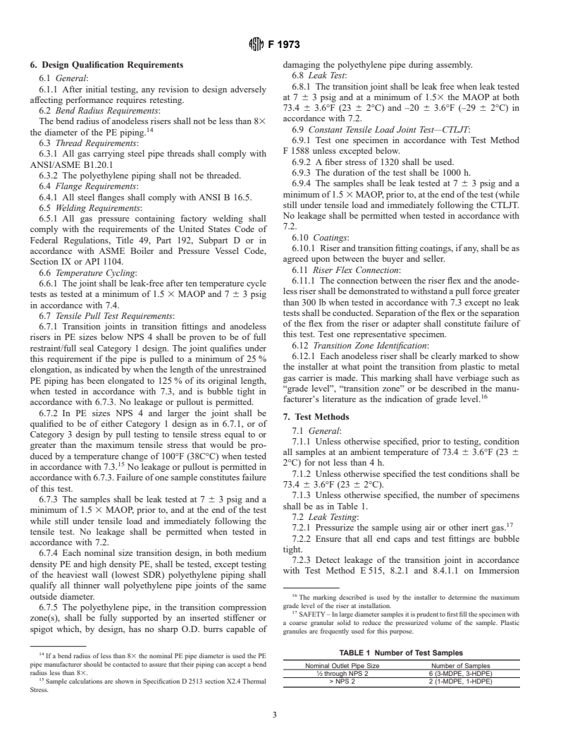 ASTM F1973-99 - Standard Specification for Factory Assebled Anodeless Risers and Transition Fittings in Polyethylene (PE) Fuel Gas Distribution Systems